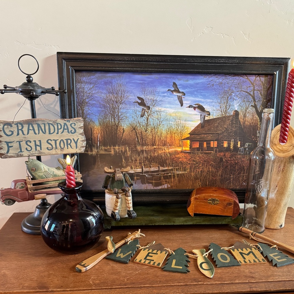 Rustic Cabin Jim Hansel Passing Through Art MCM Vintage Grandpa Fishing Decor